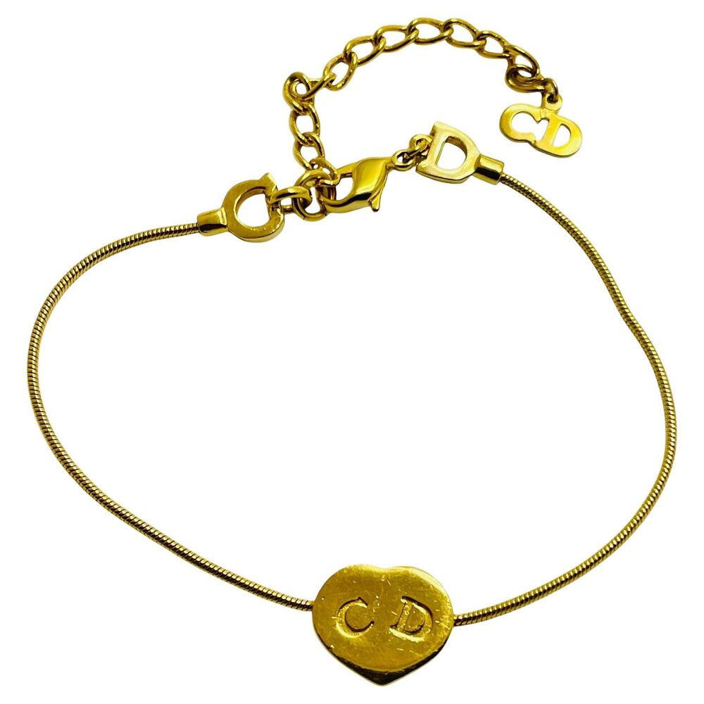 Vintage CHRISTIAN DIOR logo gold plated heart CD logo designer runway bracelet